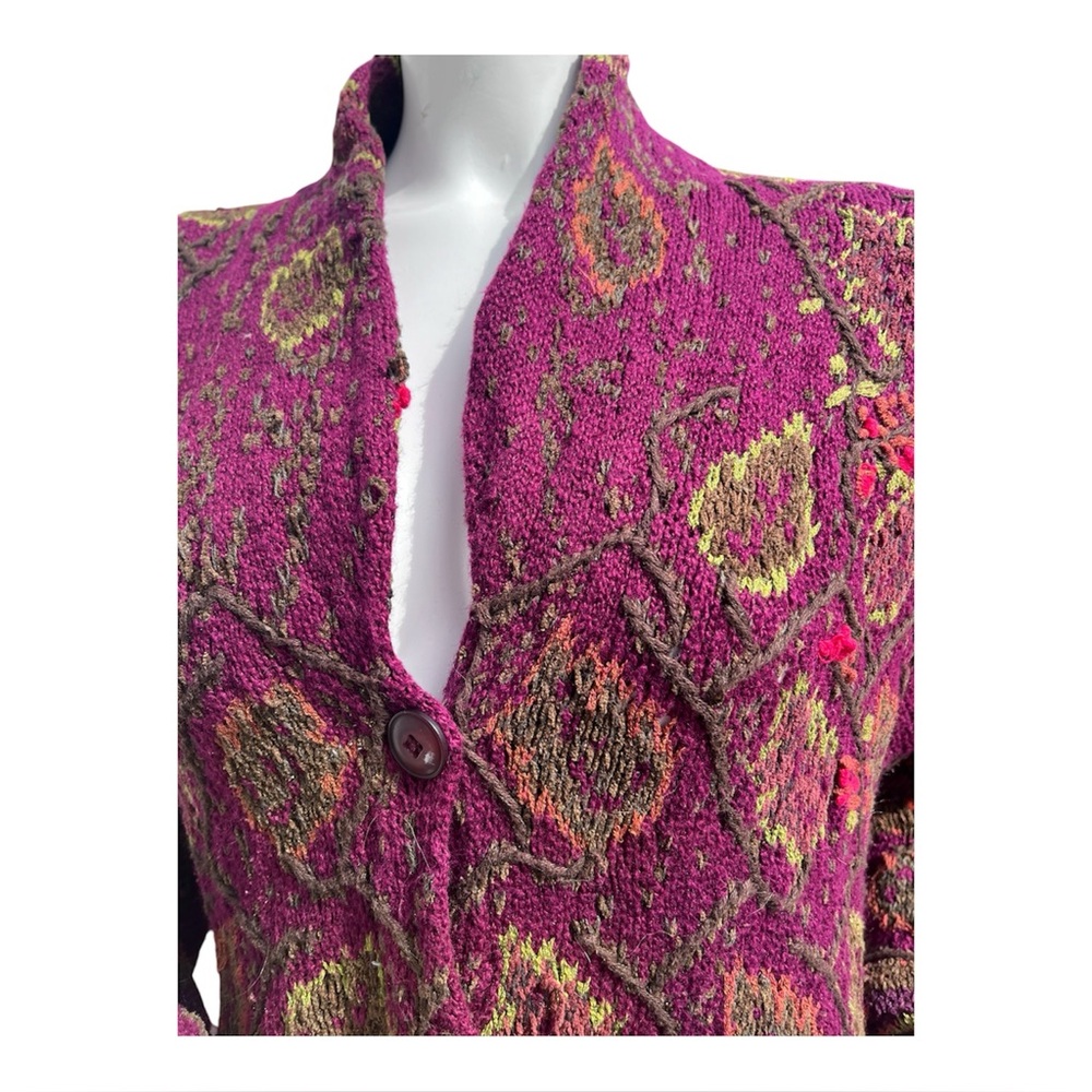 VTG 1997 Hand knit Burgundy Autumn Leaf Long Cardigan Sigrid Olsen sz XL - Picture 2 of 10